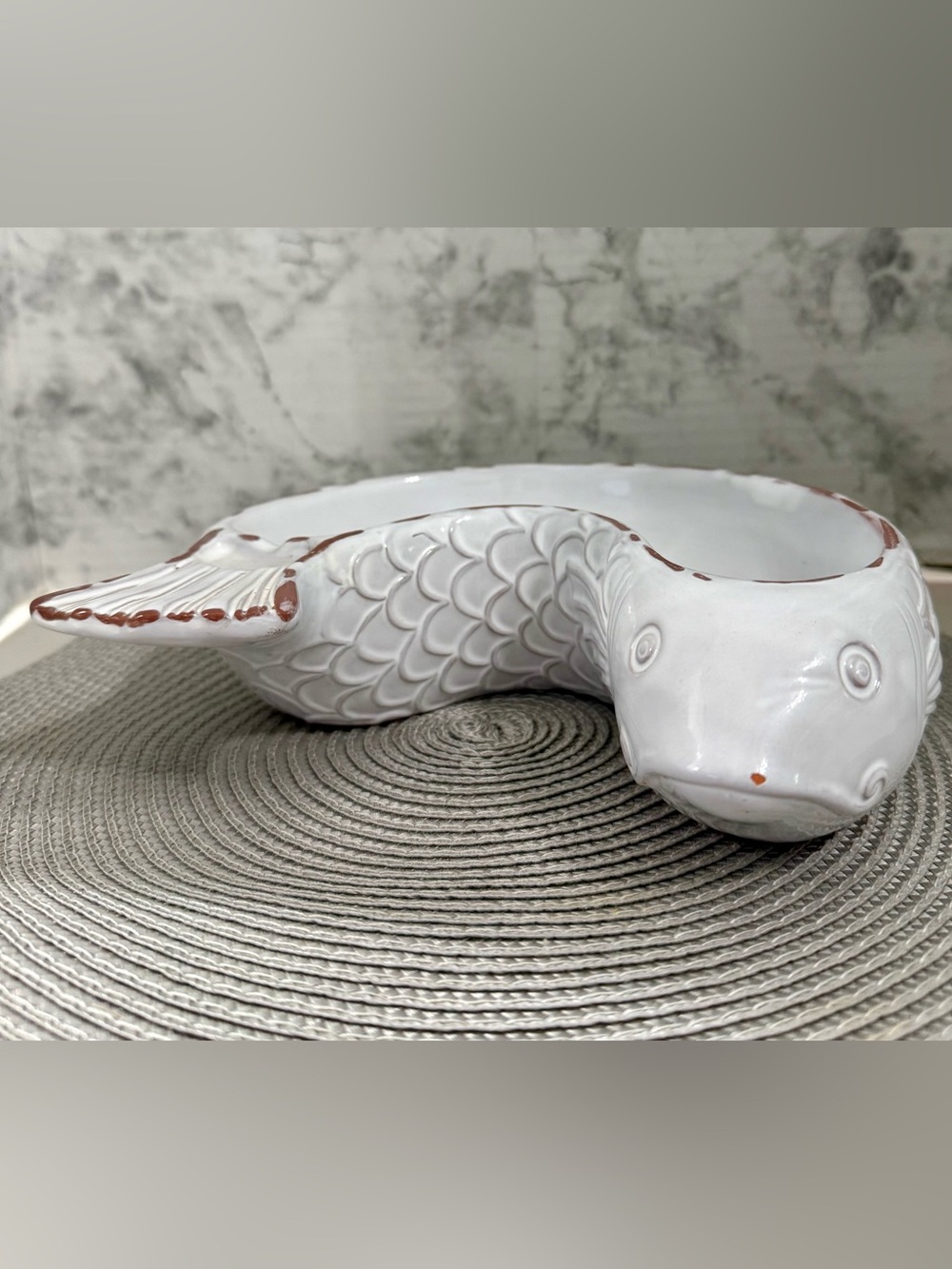 Mud Pie White Ceramic Koi Fish Serving Bowl with Distressed Brown Accents